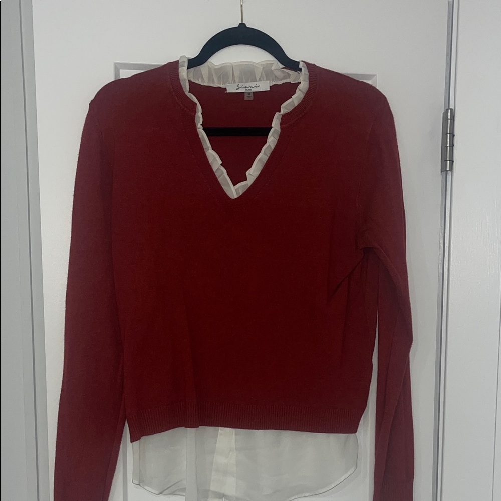 Sioni Red V-Neck Blouse with White Trim
